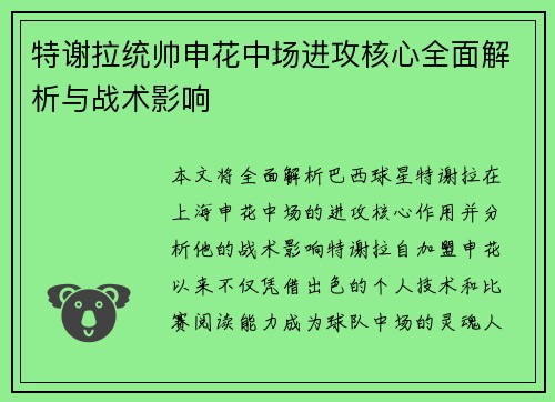 特谢拉统帅申花中场进攻核心全面解析与战术影响