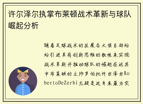 许尔泽尔执掌布莱顿战术革新与球队崛起分析